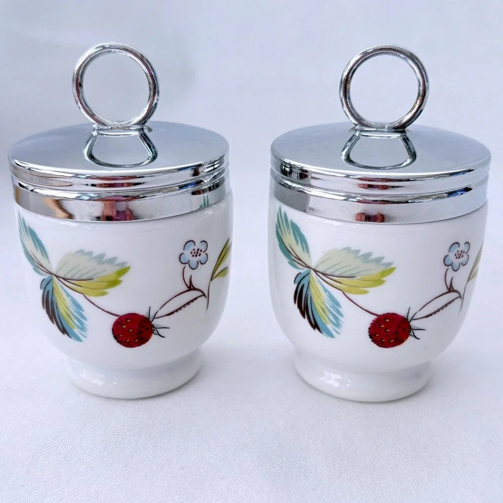 Royal Worcester England Porcelain Egg Coddlers Strawberry Fair Butterfly w/ Lids